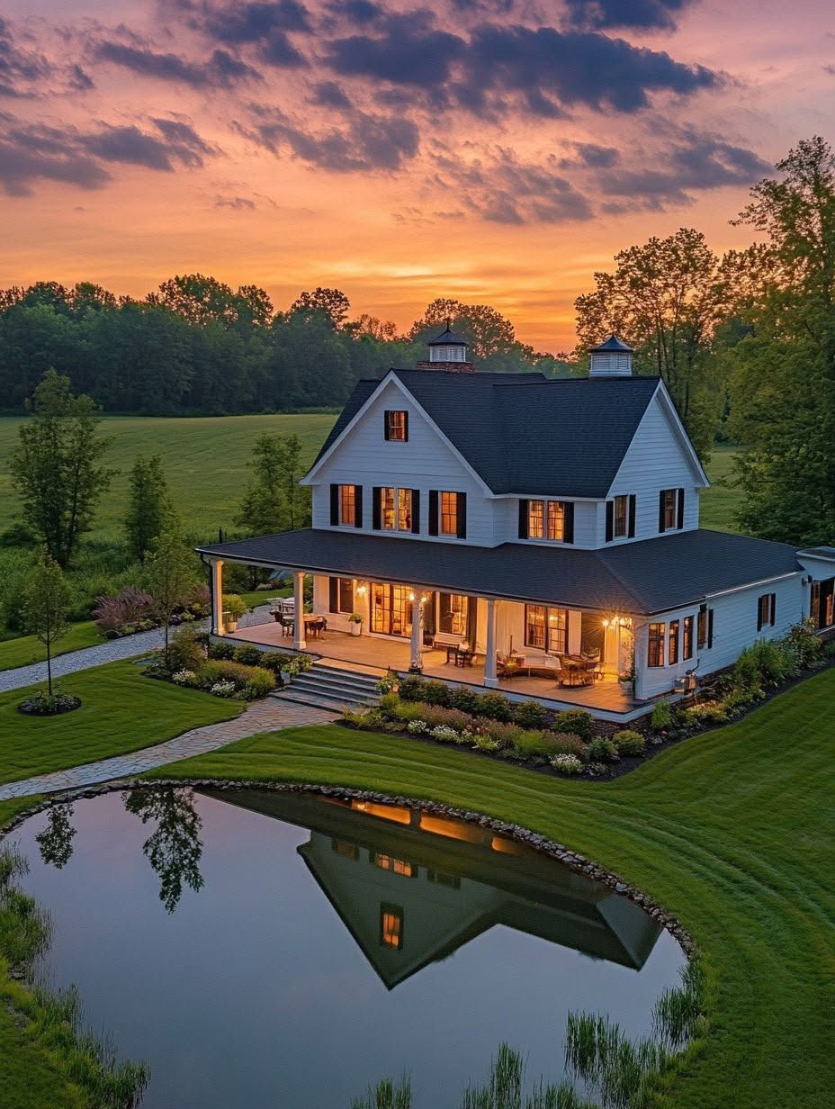 White farmhouse with wraparound porch is illuminated at sunset, reflecting in a small pond. The house is surrounded by manicured lawn, trees, and landscaped garden beds.