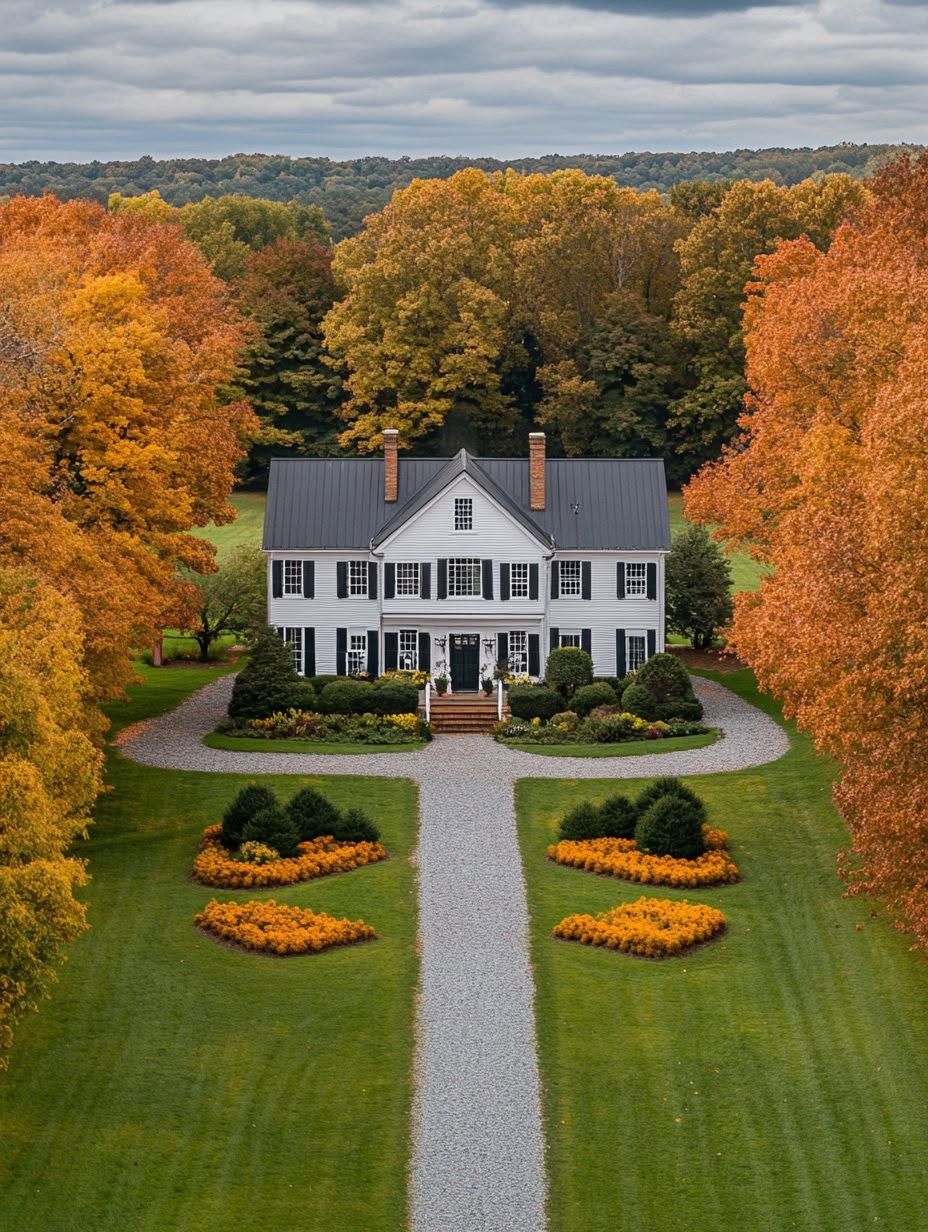 A two-story white house with a black roof sits amid autumn trees, with a circular gravel driveway and manicured lawn featuring orange flower beds.