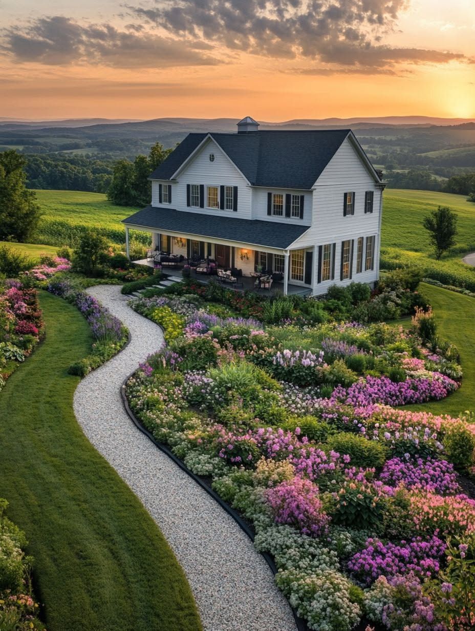 A white house with a porch sits amid colorful, lush flower gardens and a curving gravel path, with fields and hills in the background at sunset.