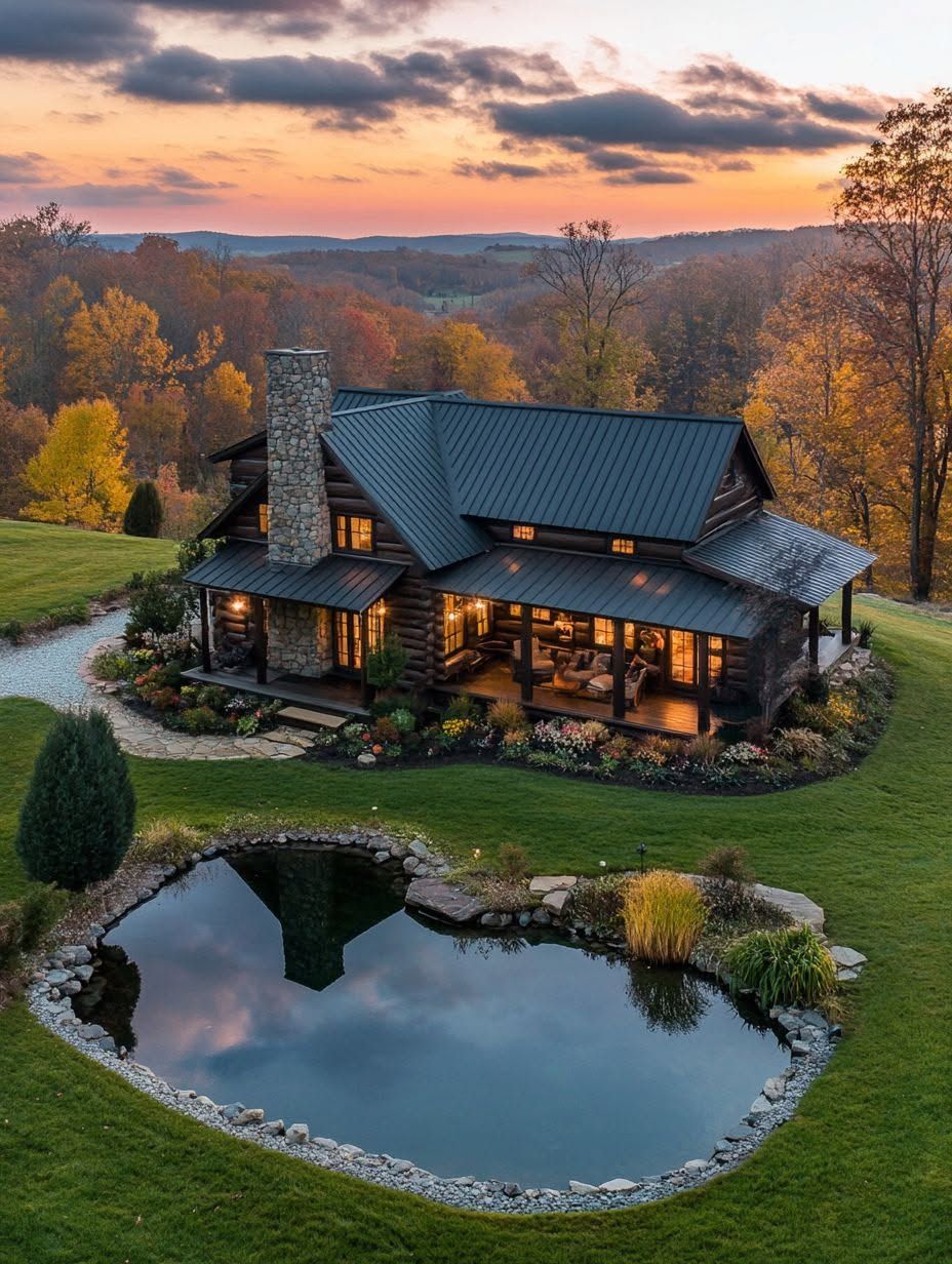 A cozy log cabin with a stone chimney sits amid autumn trees, next to a small pond reflecting the sunset sky.