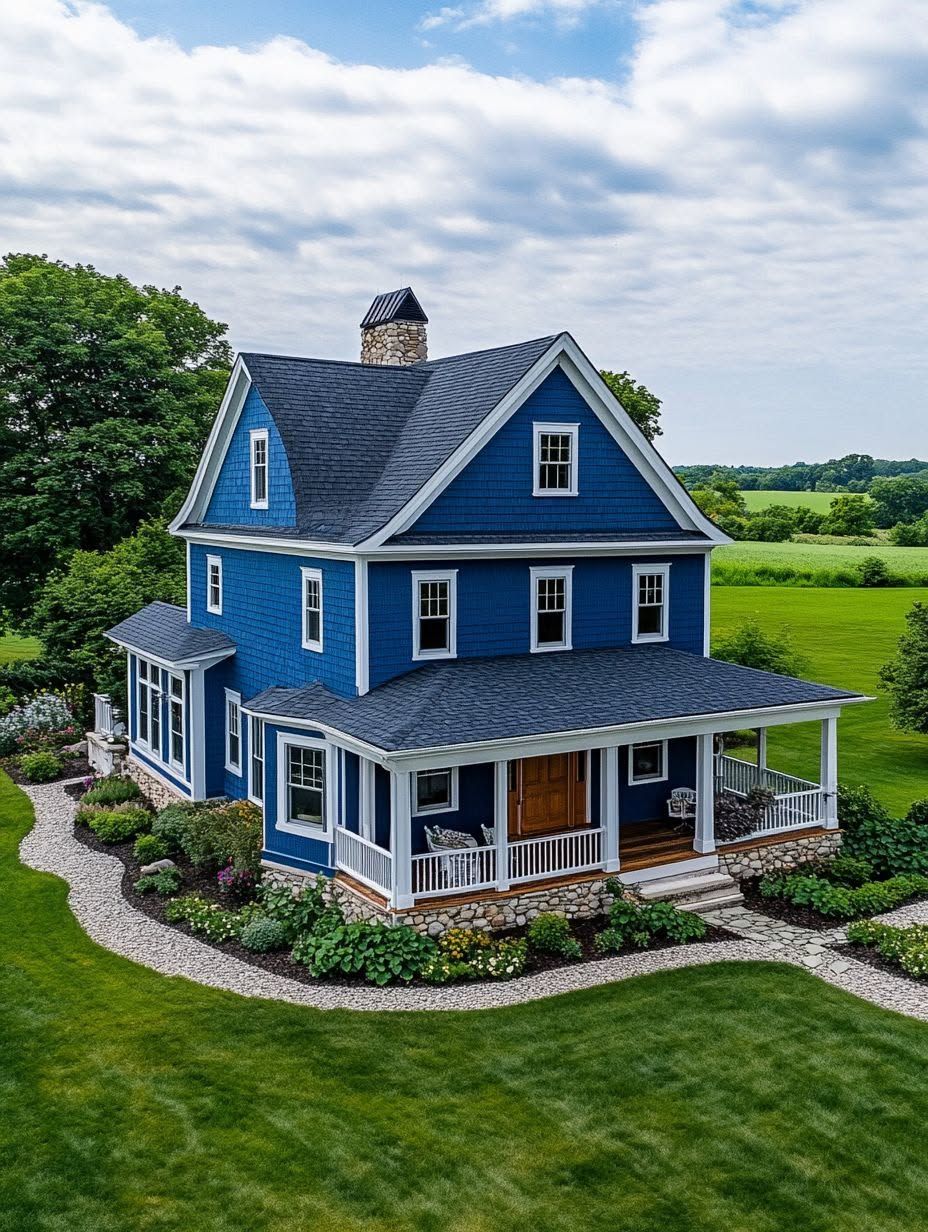A two-story blue house with a front porch, surrounded by a well-maintained lawn, flower beds, and a gravel walkway, set in a rural landscape with trees and open fields.