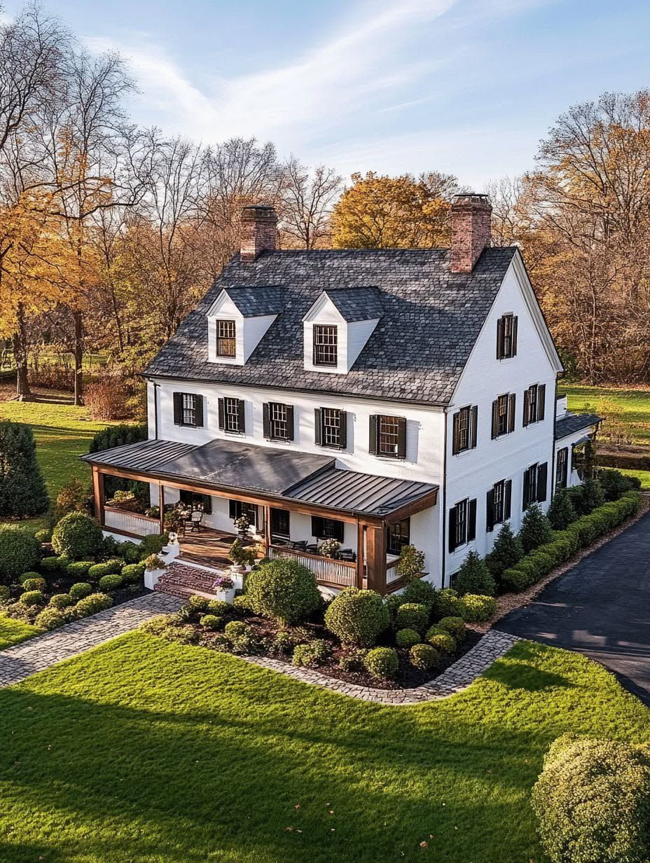 A two-story white house with black shutters and a large front porch sits on a landscaped lawn surrounded by trees in autumn.