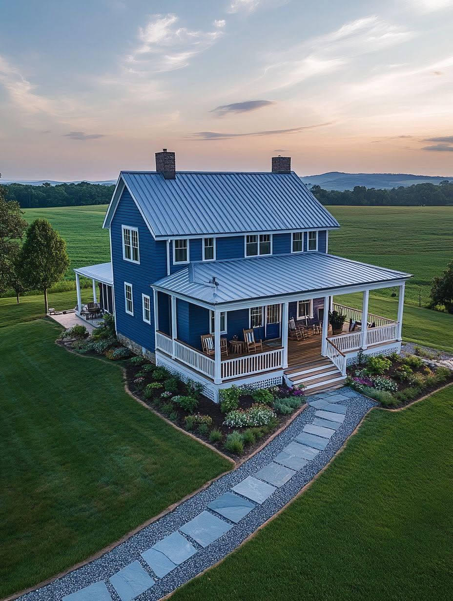 Blue two-story house with a metal roof, large wraparound porch, stone walkway, landscaped yard, and surrounding green fields at sunset.