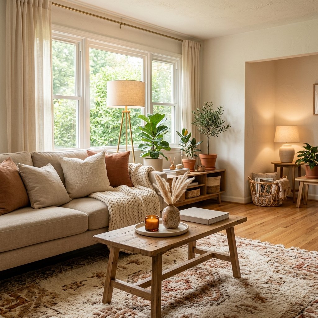 Bright living room with a beige sofa, wooden coffee table, potted plants, and large window with curtains. Neutral tones and cozy decor create a warm, inviting atmosphere.