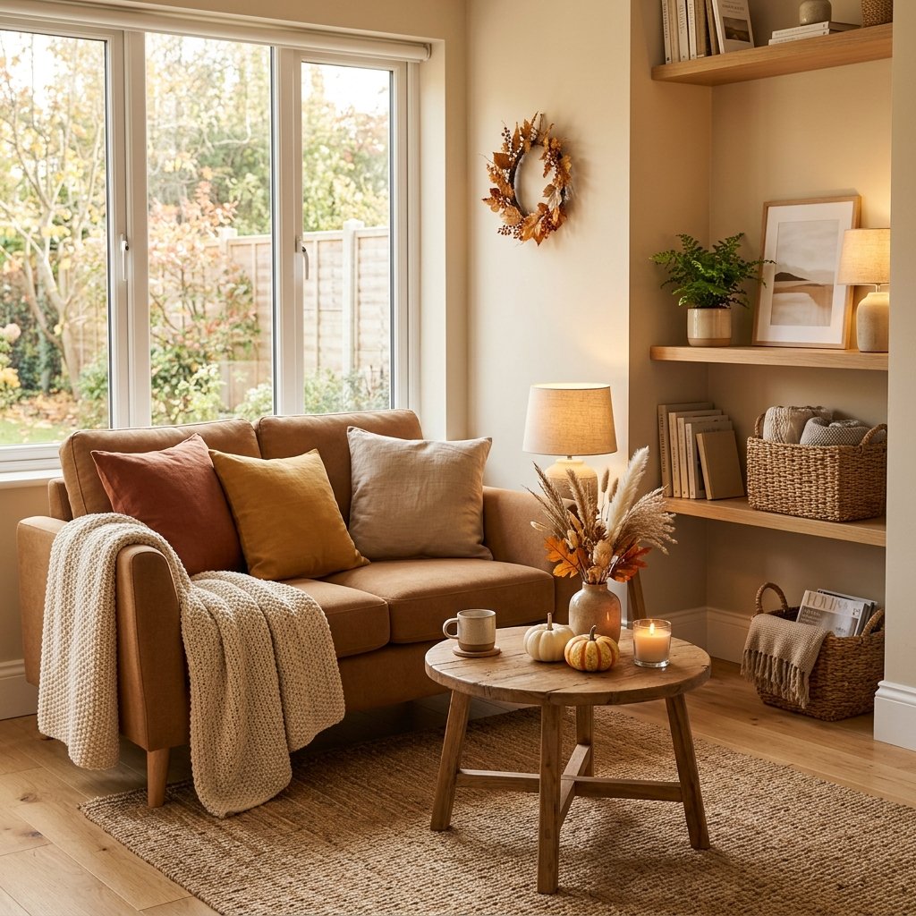 A cozy living room with a tan sofa, assorted pillows, a round wooden coffee table with autumn decor, and shelves with baskets and books near a large window.