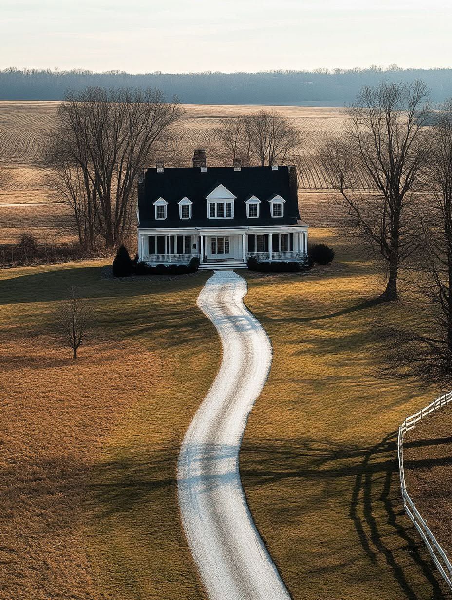 A white two-story house with a wraparound porch sits at the end of a curved gravel driveway, surrounded by fields and leafless trees.