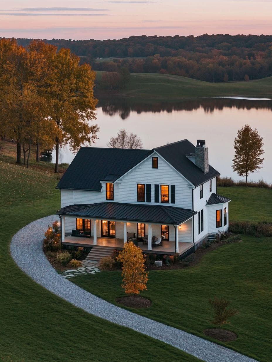 White two-story house with black roof, wraparound porch, and lit windows sits by a curved gravel driveway near a lake, surrounded by autumn trees and green lawn at sunset.