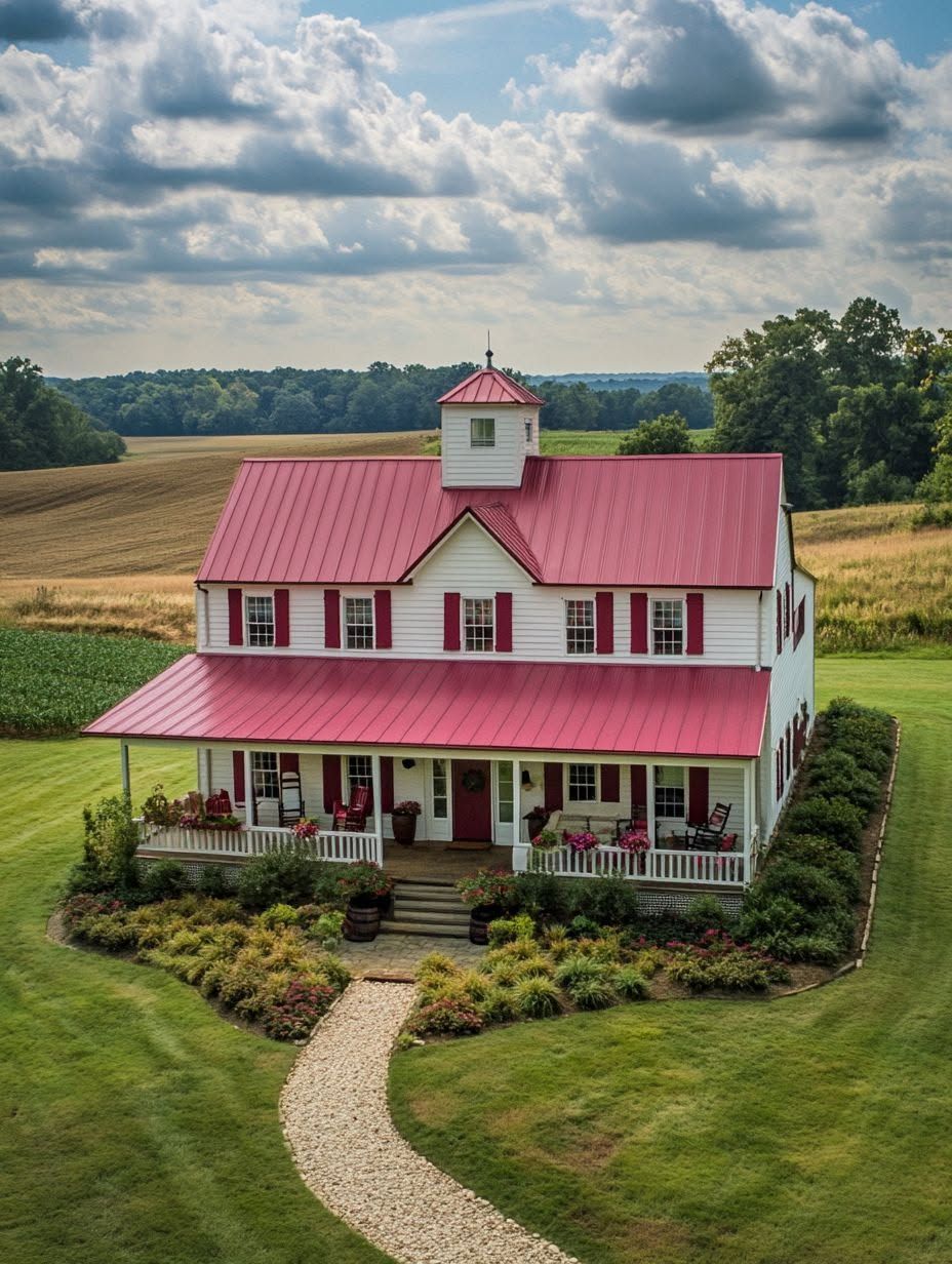 A white farmhouse with a red roof and shutters, surrounded by green lawns and garden beds, sits near fields under a partly cloudy sky.