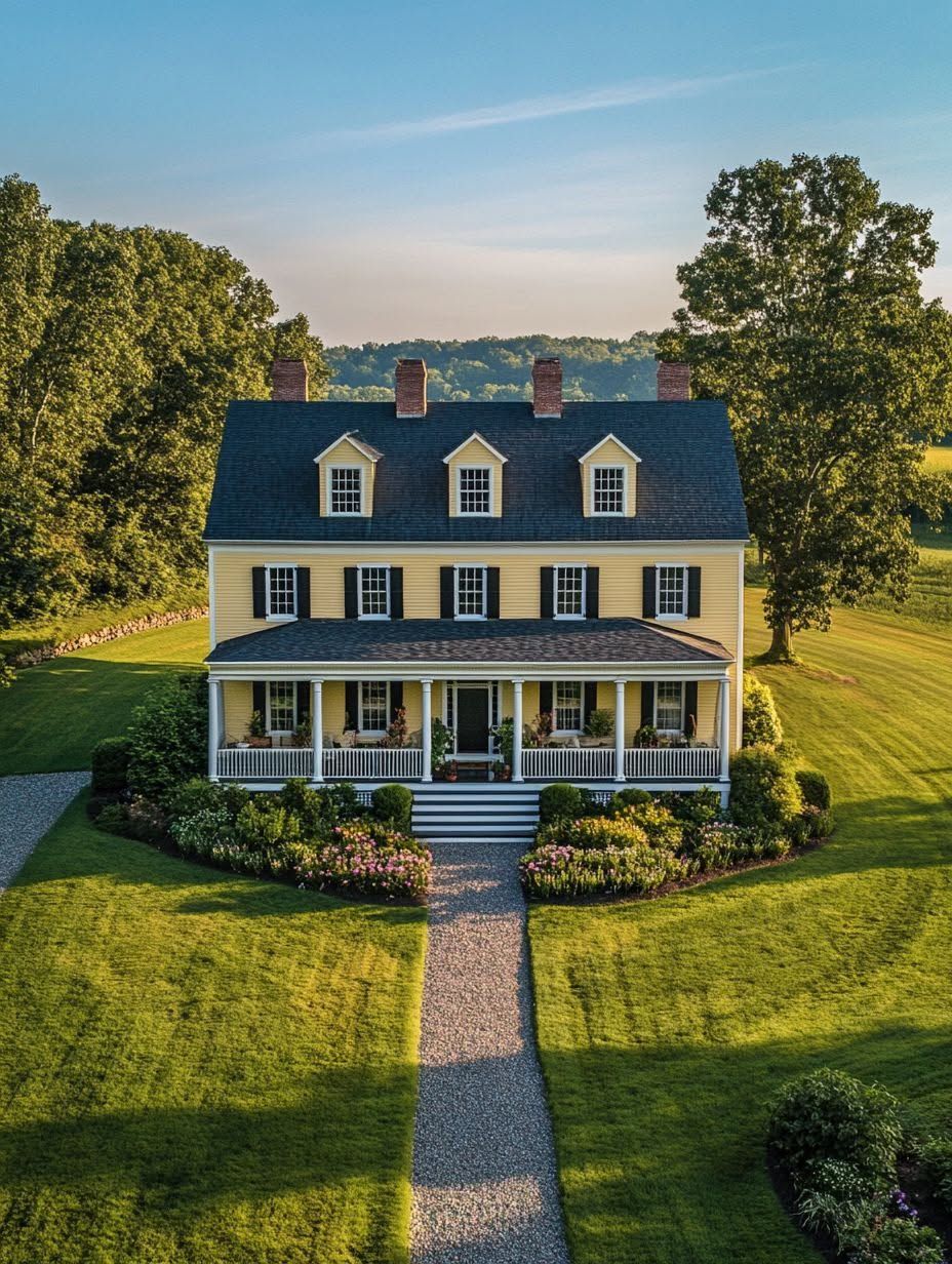 Aerial view of a large yellow colonial-style house with a front porch, surrounded by green lawns, gardens, and trees under clear skies.
