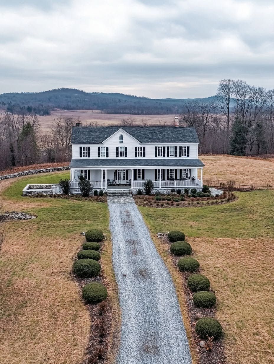 A two-story white house with black shutters sits in a large yard, with a gravel driveway and neatly trimmed shrubs, surrounded by open fields and distant hills under a cloudy sky.