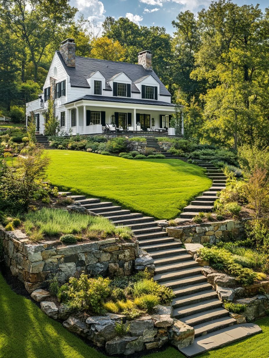 White two-story house with stone chimneys sits atop a hill, surrounded by landscaped gardens, stone retaining walls, and green lawns with terraced stone steps leading up.