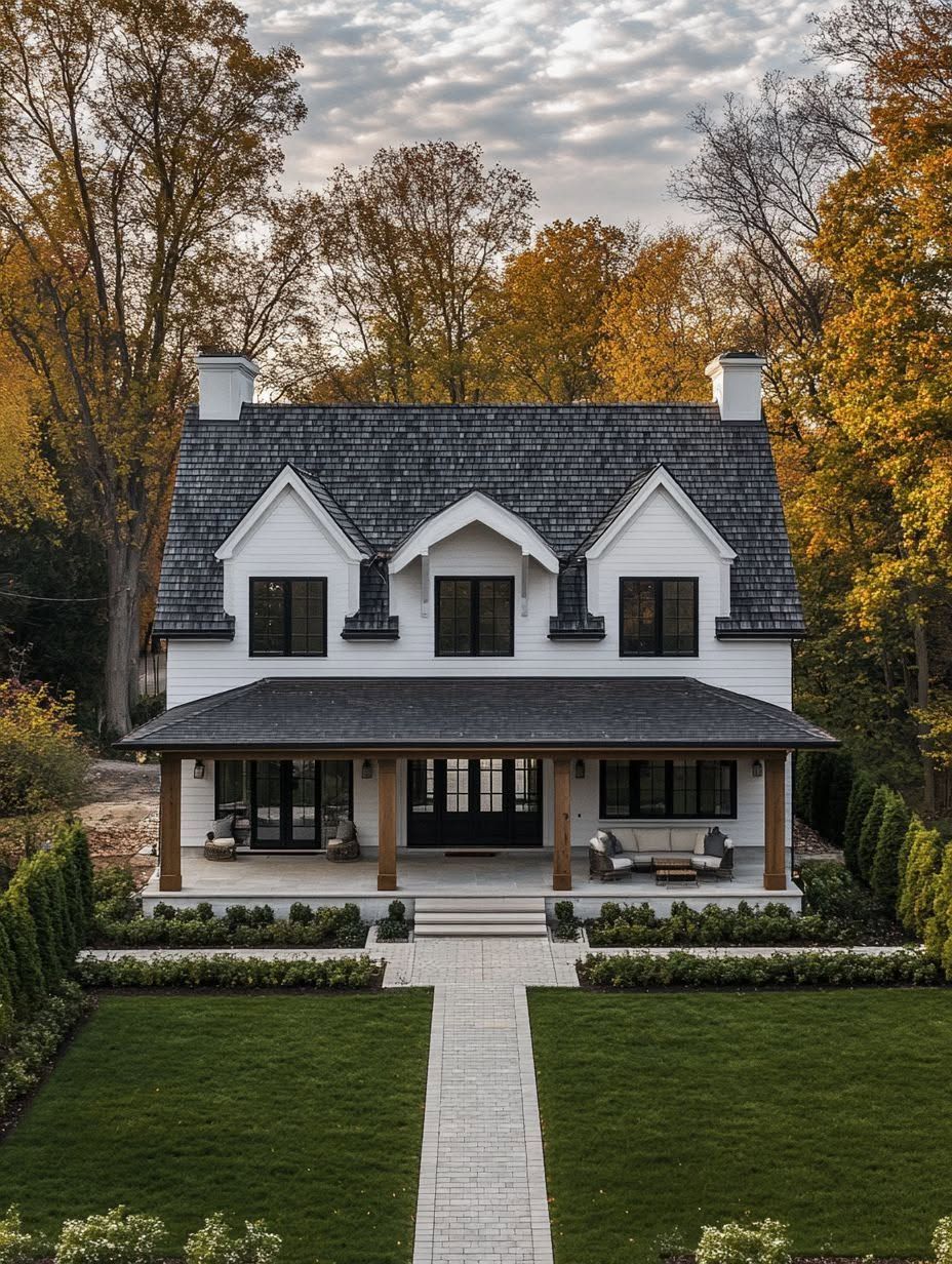 Two-story white house with a dark shingled roof, large front porch, and symmetrical windows, surrounded by autumn trees and a manicured lawn with a stone walkway.
