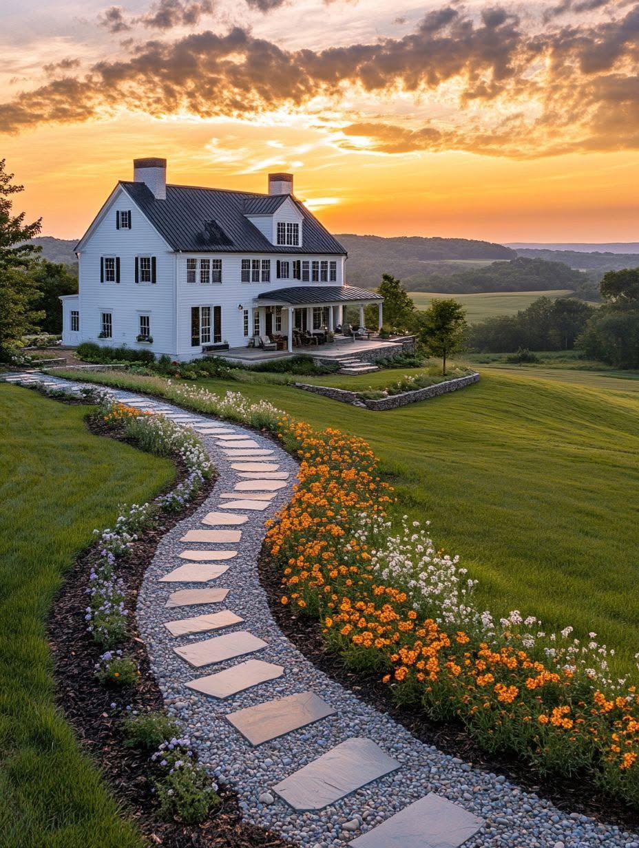 A white two-story house with a porch sits on a hill at sunset. A curved stone path lined with orange and white flowers leads through a green lawn. Rolling hills are visible in the background.