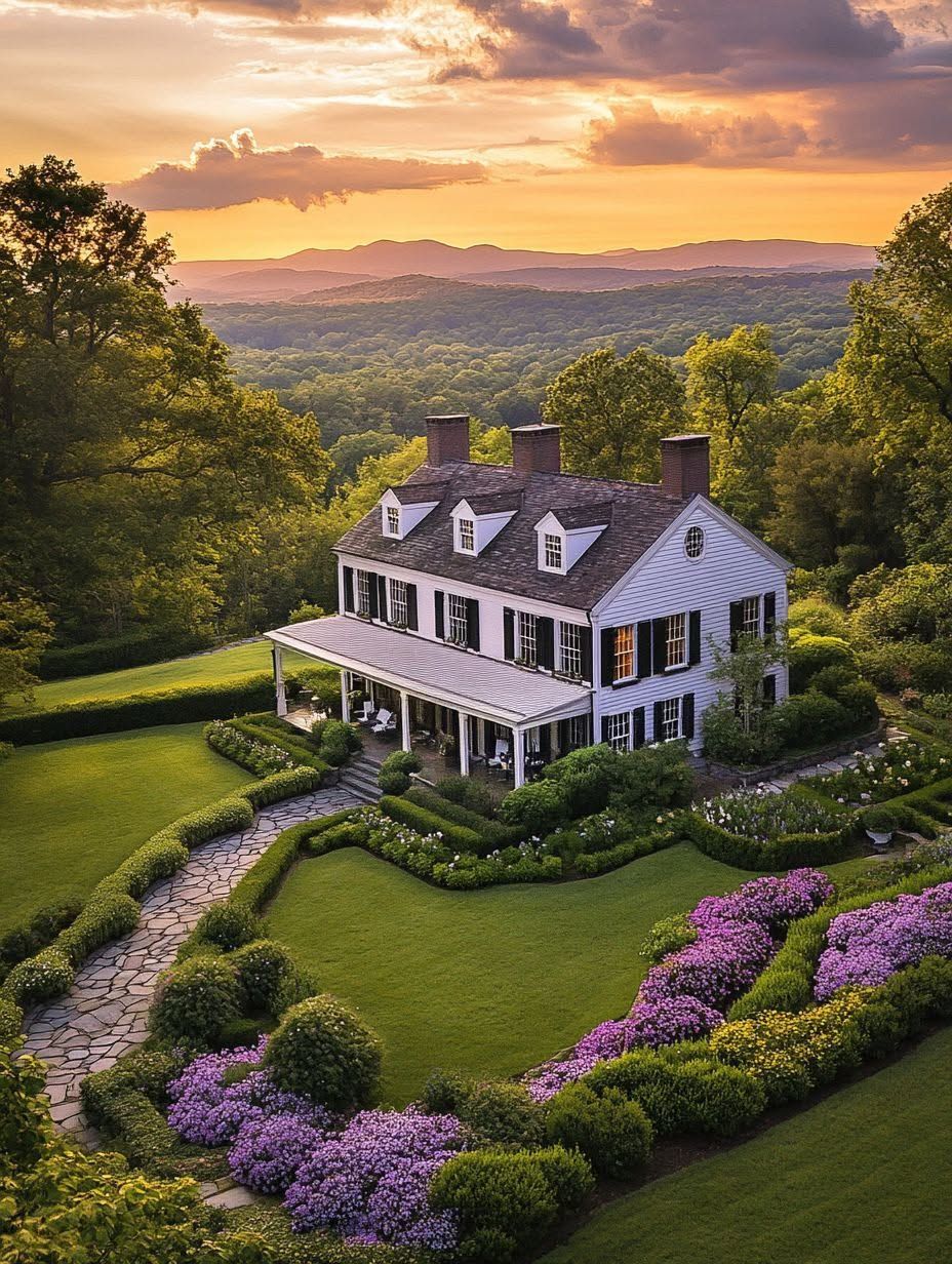 A white two-story house with a porch sits amid manicured lawns and vibrant flower beds, surrounded by trees, with mountains visible in the background at sunset.
