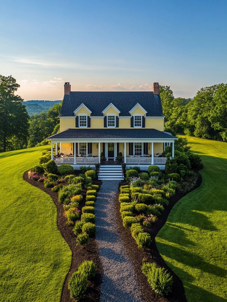 A yellow two-story house with a white porch sits amid green lawns and landscaped bushes, viewed from above on a sunny day.