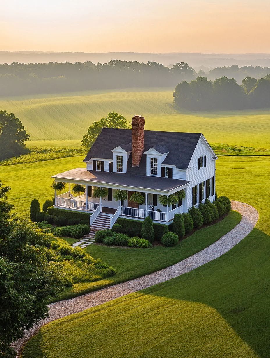White two-story farmhouse with a wraparound porch stands in the center of a large, green field at sunrise, surrounded by a gravel driveway and landscaped bushes.