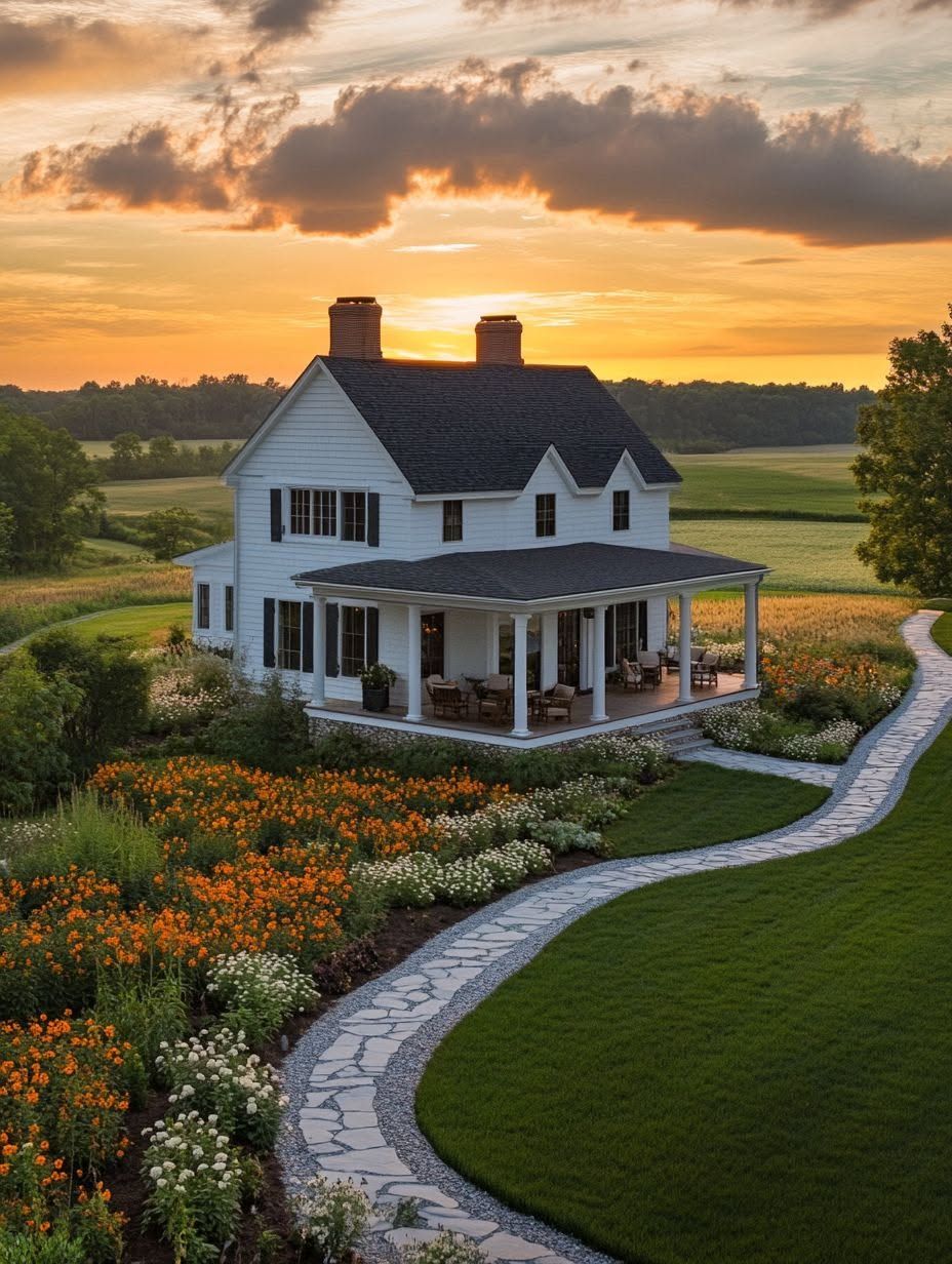 White two-story house with a wraparound porch, surrounded by gardens and a curved stone path, set against a sunset over open fields.