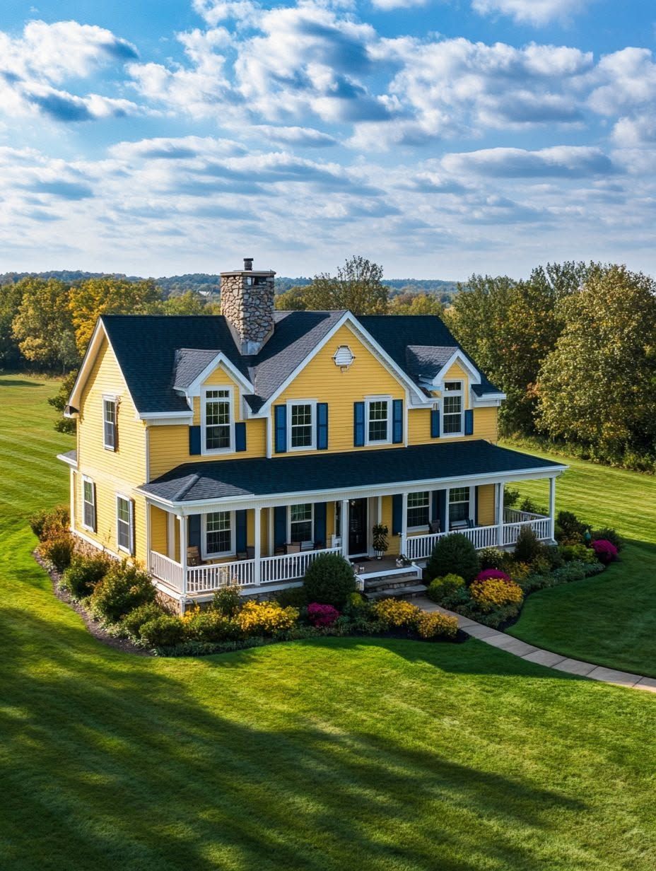 Two-story yellow house with white trim and a porch, surrounded by a manicured lawn, garden beds, and trees under a blue sky with scattered clouds.