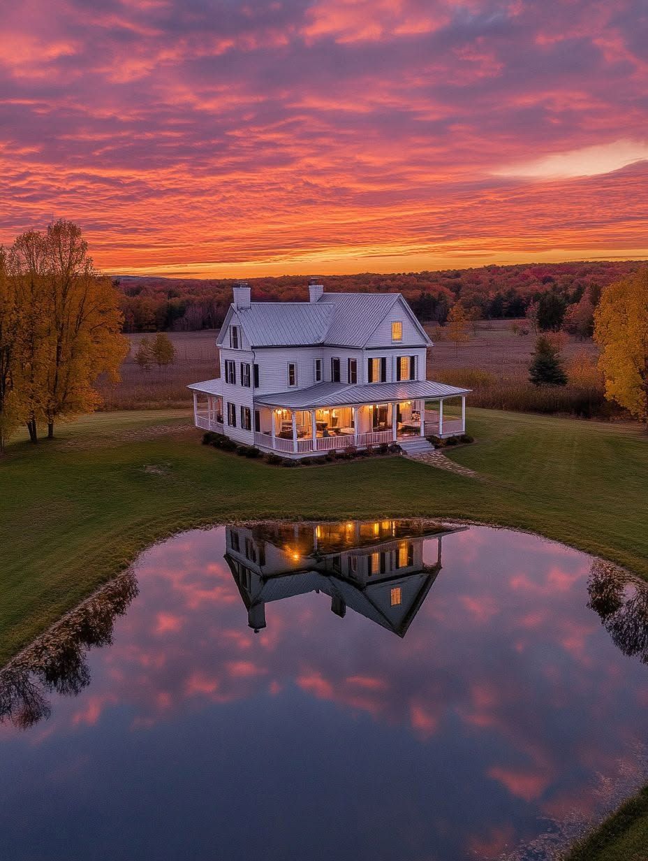 A white two-story house with a covered porch is reflected in a pond at sunset, surrounded by autumn trees and an open lawn under a vibrant purple and orange sky.