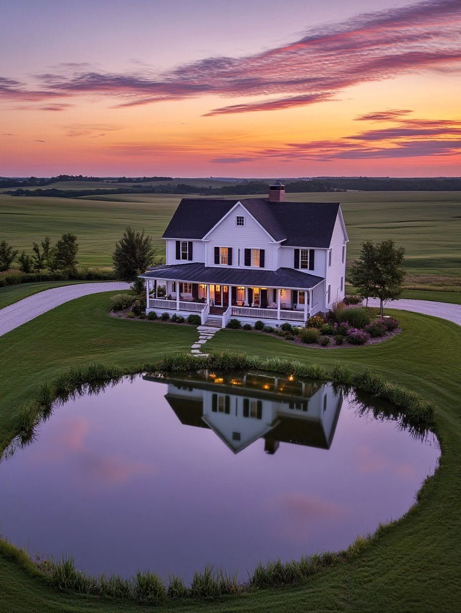 A white two-story house with a wraparound porch is reflected in a pond at sunset, surrounded by green fields and a winding driveway.