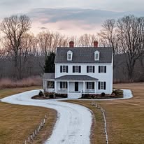 A two-story white house with black shutters sits at the end of a curved gravel driveway, surrounded by a large grassy lawn and leafless trees.