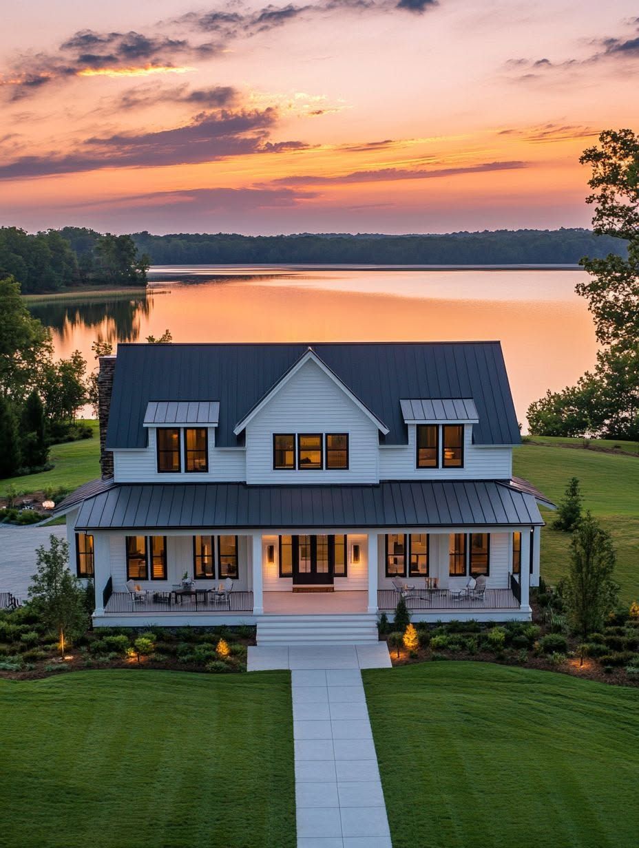 A two-story white house with a wraparound porch faces a lake at sunset, surrounded by green lawn and trees.