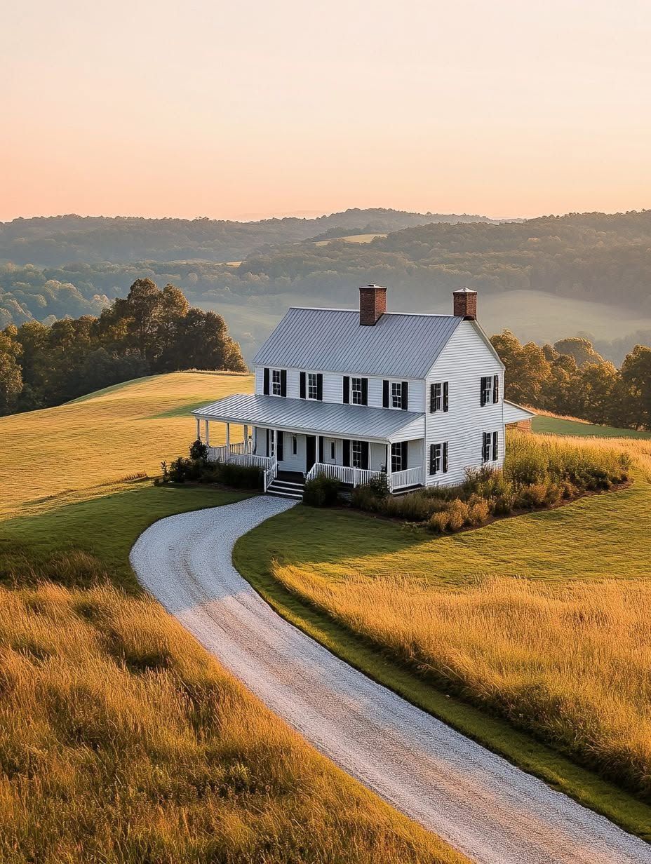 White two-story farmhouse with a wraparound porch, surrounded by grassy fields and trees, sits at the end of a curved gravel driveway at sunset.