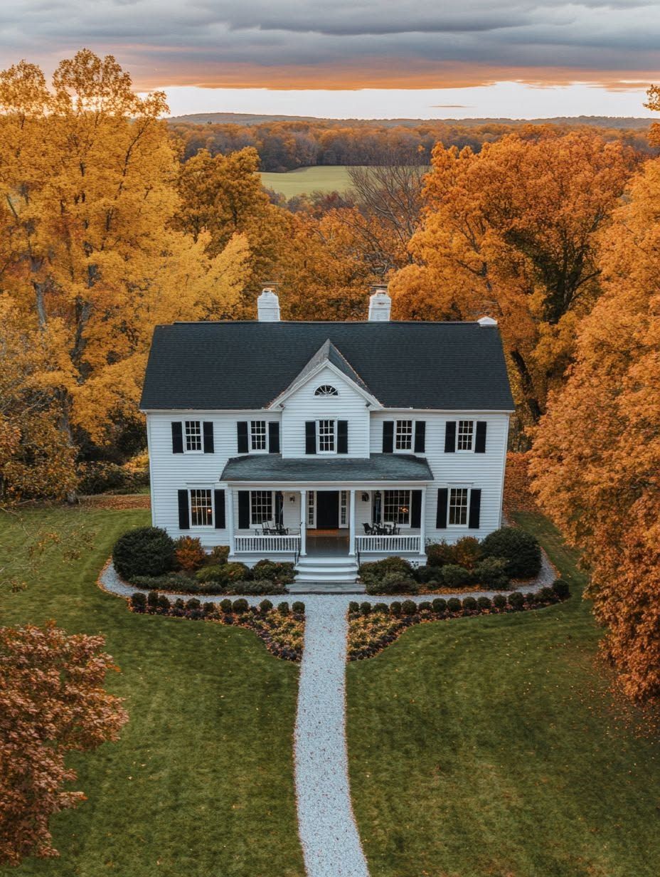 A white two-story house with a black roof sits amid autumn trees with orange leaves and a neatly maintained lawn and walkway.
