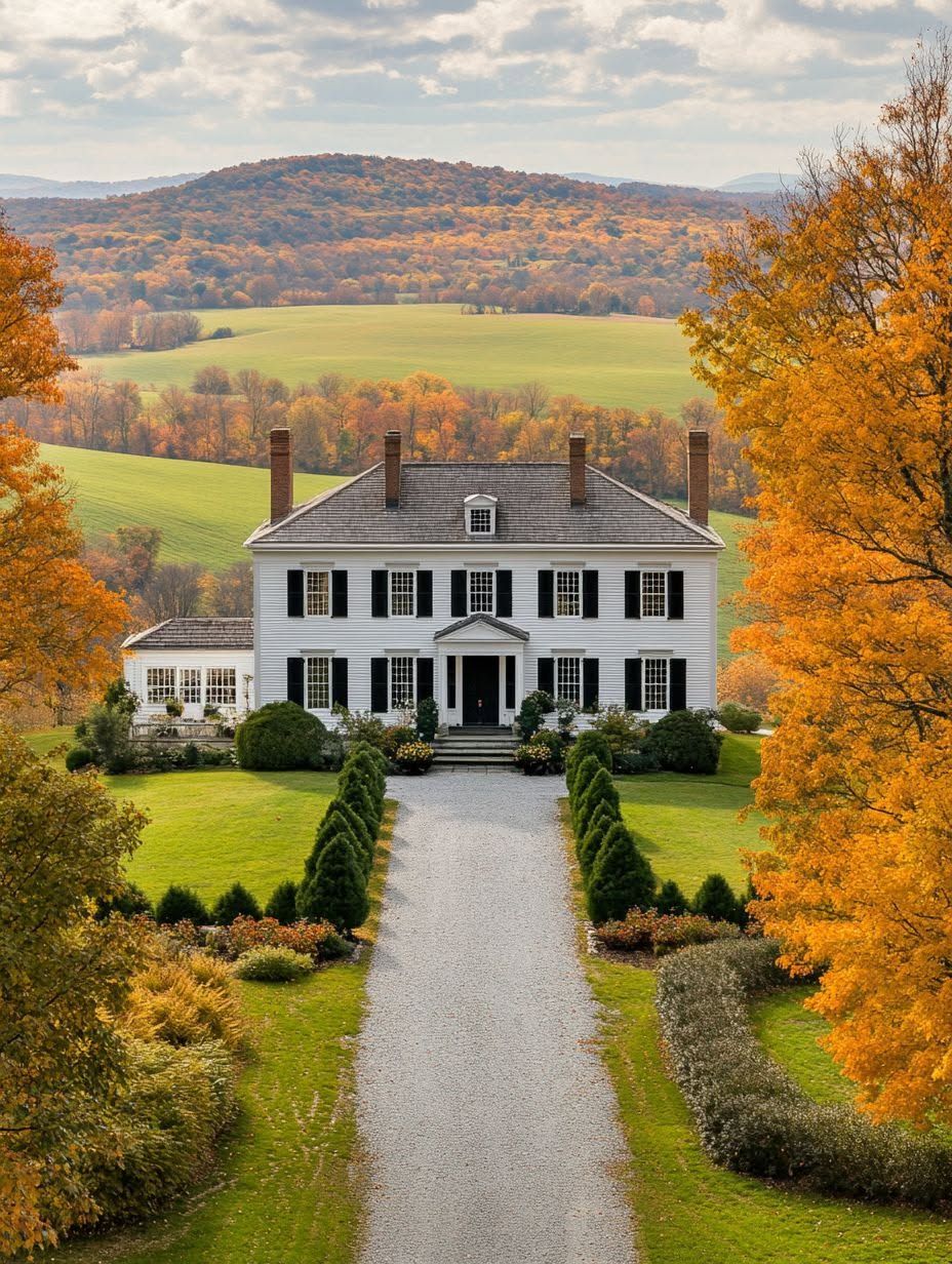 Large white colonial-style house with tall chimneys, surrounded by autumn trees and fields, located at the end of a long gravel driveway. Hills and colorful foliage are in the background.
