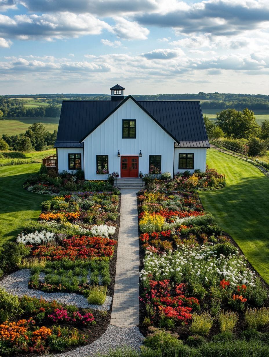 A white house with a black roof sits in the center, surrounded by vibrant flower gardens and green lawns under a partly cloudy sky.