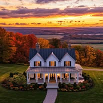 White two-story house with a wraparound porch, surrounded by autumn trees and landscaping, set against a colorful sunset sky and rolling fields.