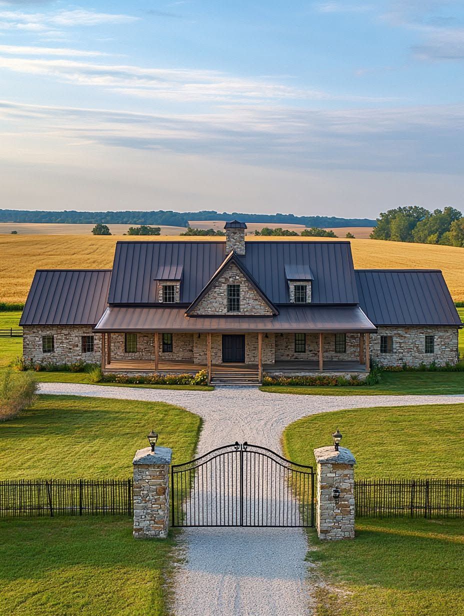 A stone house with a metal roof sits behind an iron gate, surrounded by green grass and fields under a blue sky.