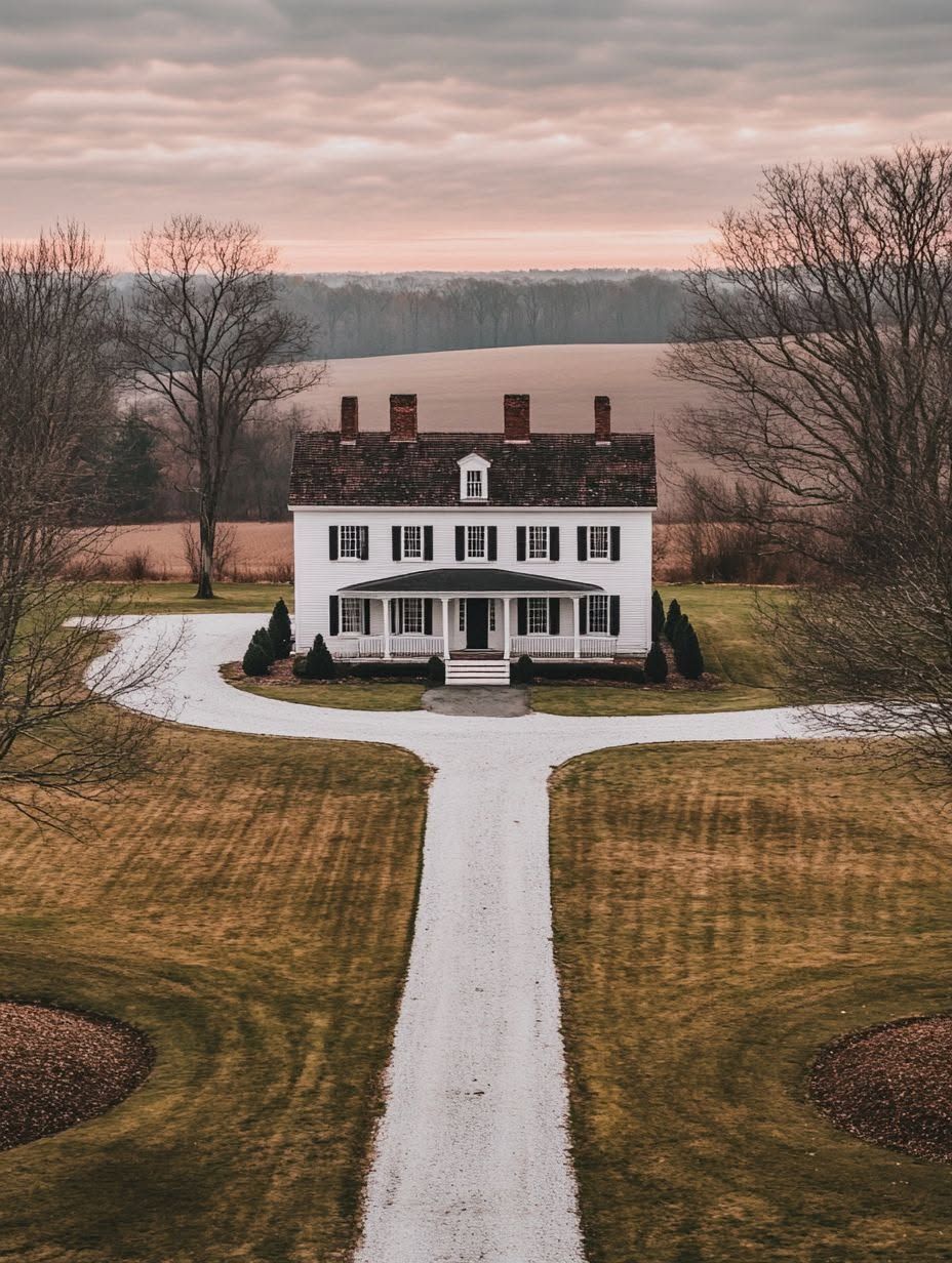 A white two-story house with a front porch sits at the center of a circular driveway, surrounded by bare trees and winter grass under a cloudy sky.