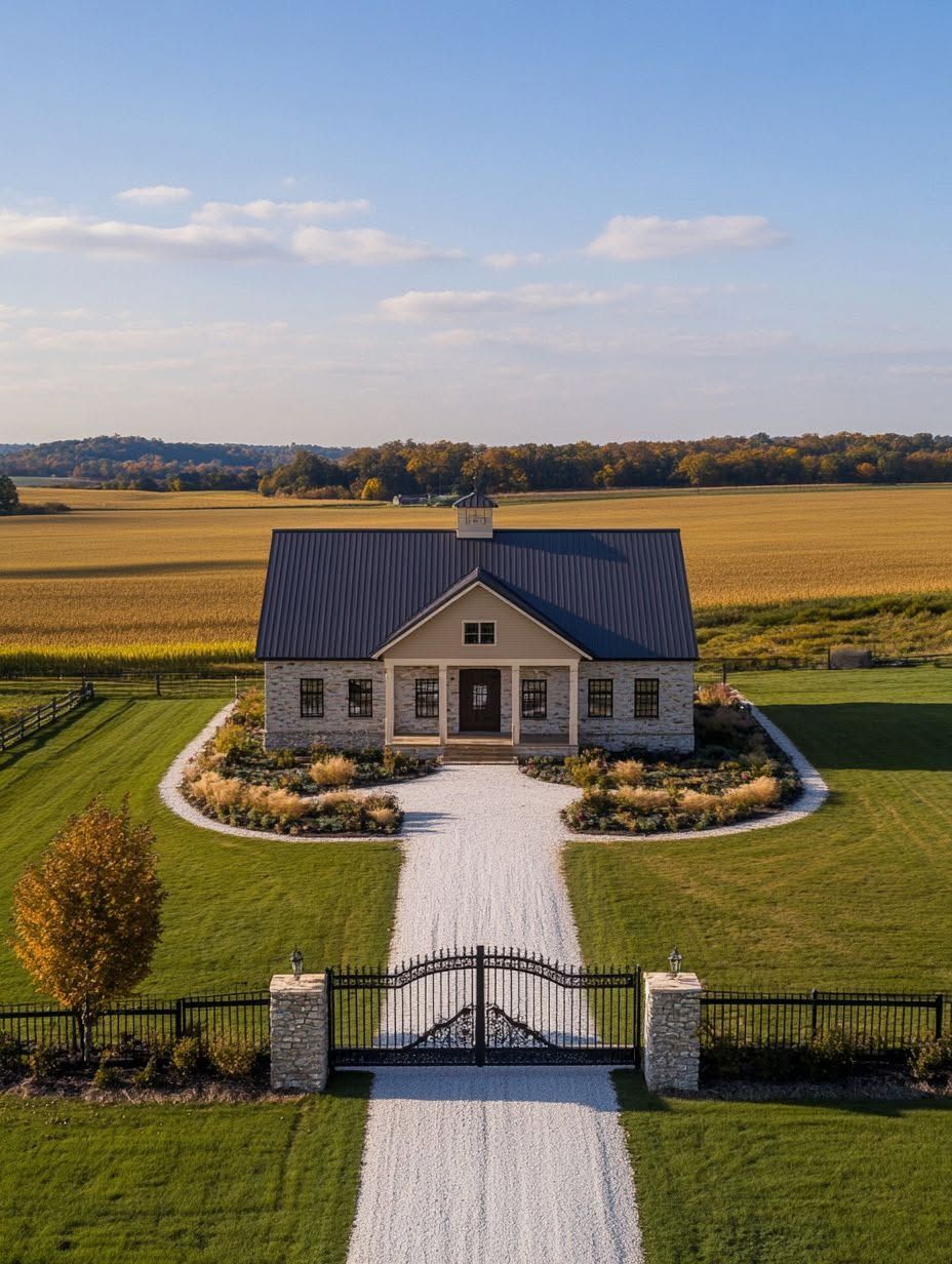 Stone house with a dark metal roof sits at the end of a gravel driveway, surrounded by manicured lawn and fields under a clear sky.