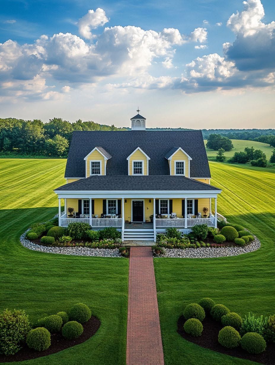 A yellow two-story house with a black roof sits in the middle of a large, manicured lawn, surrounded by trees and a brick walkway leading to the front porch.