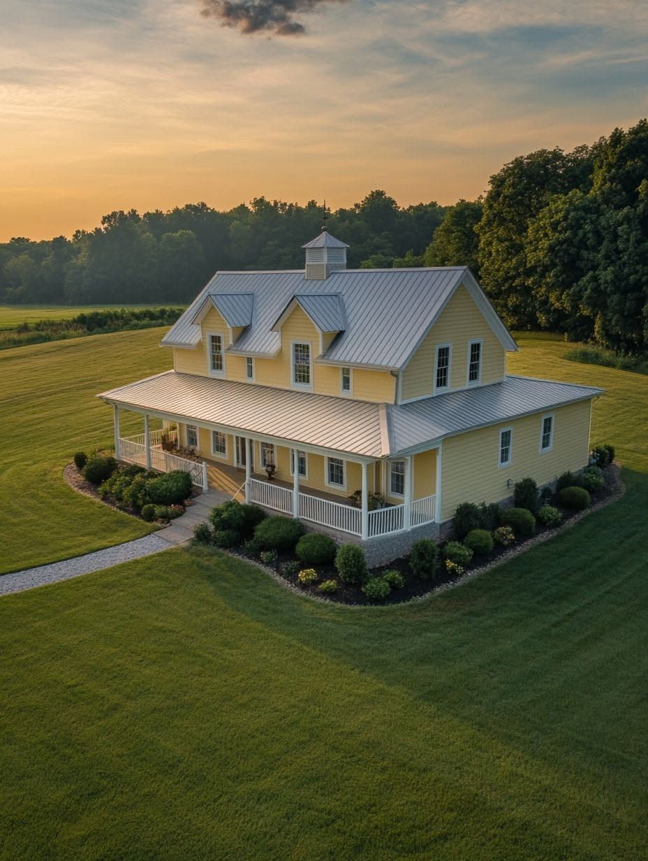 A yellow two-story farmhouse with a metal roof and wraparound porch sits on a large, manicured lawn surrounded by trees at sunset.