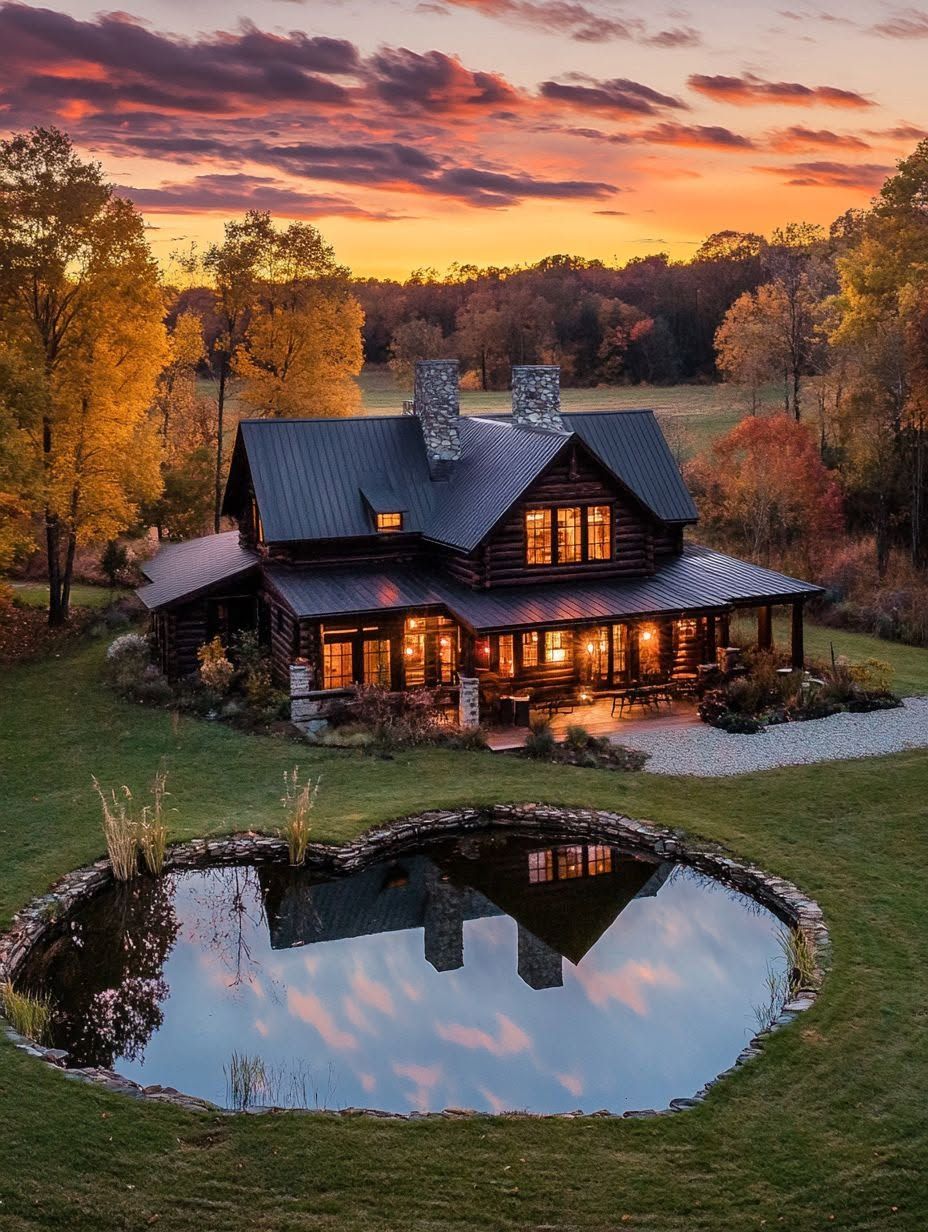 A log cabin with lit windows sits by a small pond, surrounded by autumn trees, under a colorful sunset sky.