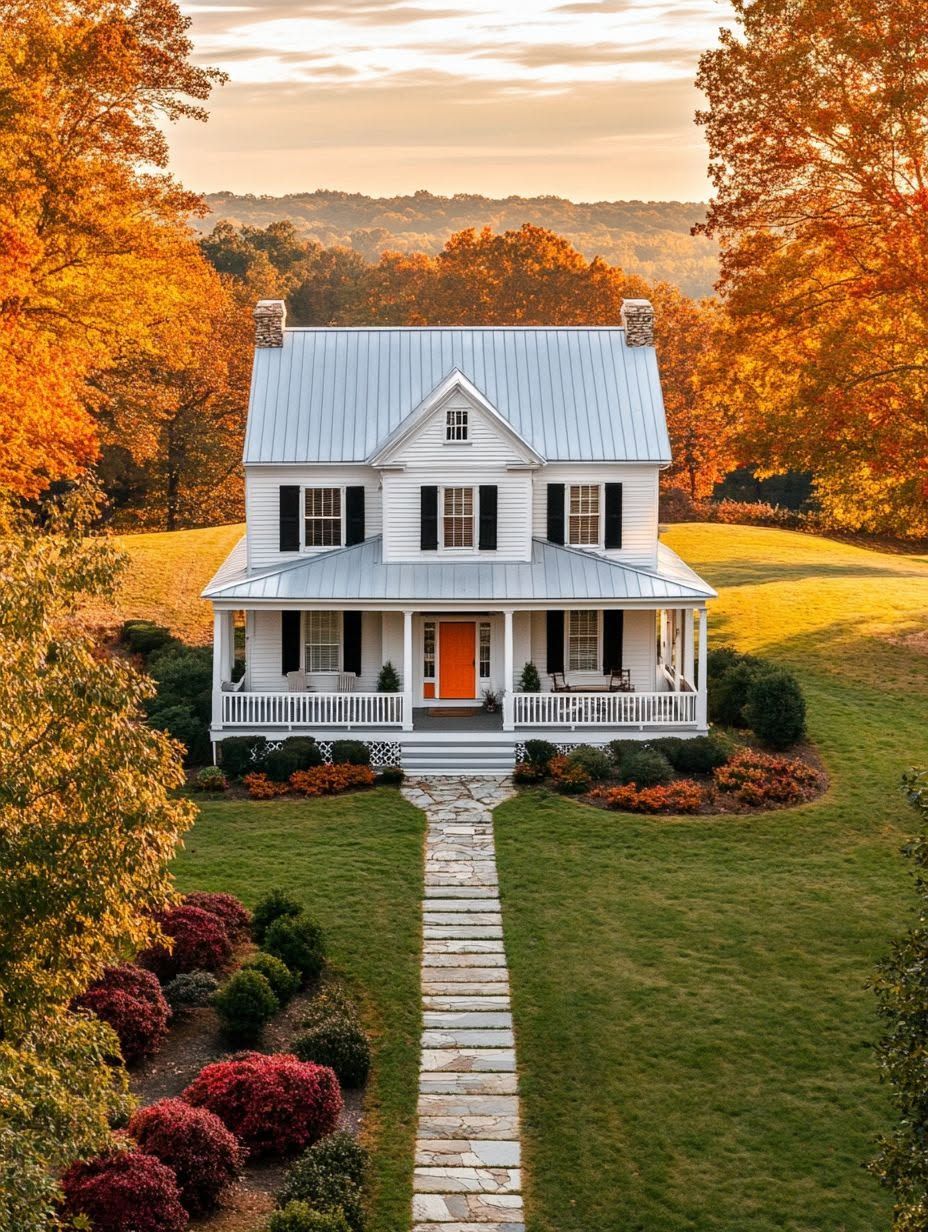 White two-story house with a front porch and orange door, surrounded by autumn trees and a stone path leading through a well-kept lawn.