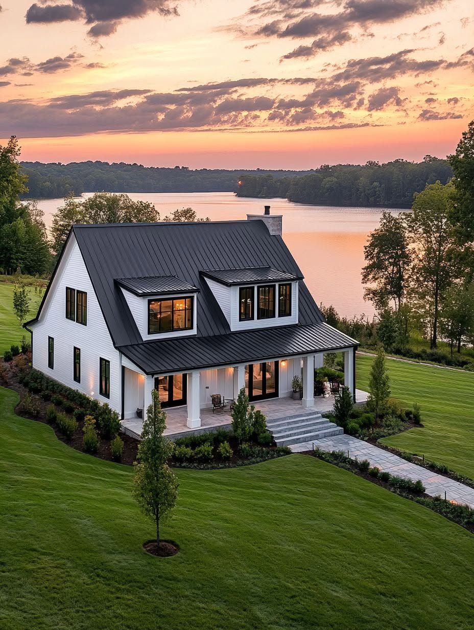 Modern white house with a black metal roof sits on a neatly landscaped lawn by a lake at sunset, surrounded by trees and calm water in the background.