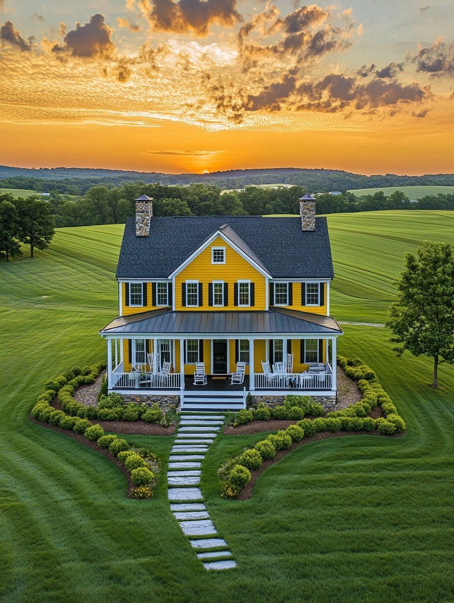 A yellow two-story house with a wraparound porch sits amid manicured green lawns and fields, with a sunset sky in the background.