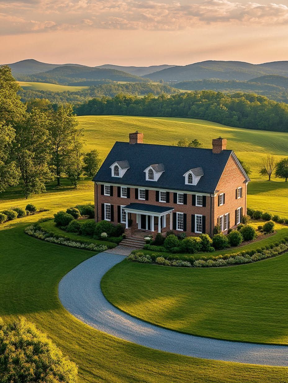 A large brick house with white trim sits on a circular driveway, surrounded by manicured lawns and trees, with rolling hills and mountains in the background.