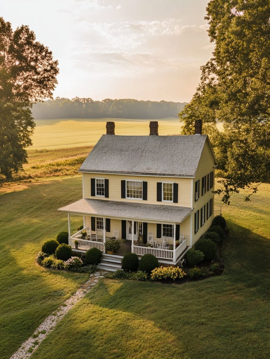 A two-story yellow house with a front porch sits on a large, well-kept lawn, surrounded by trees and bordered by fields under a partly cloudy sky.