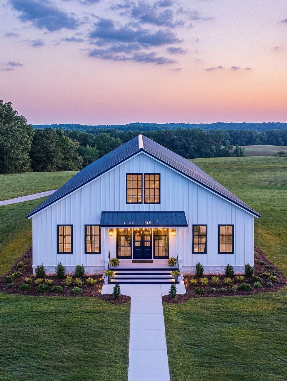 Modern white house with a blue metal roof sits in the center of a large, manicured lawn at sunset, with symmetrical landscaping and a straight walkway leading to the front door.