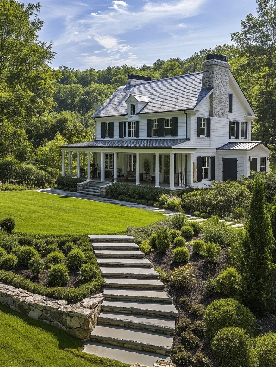 White two-story house with black shutters, a stone chimney, and wraparound porch, surrounded by manicured green lawn and neatly trimmed bushes, with stone steps leading up to the house.