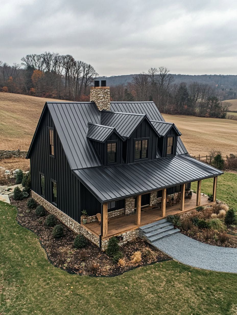A modern black farmhouse with a metal roof, stone chimney, and wrap-around porch sits in a grassy yard with a curved gravel walkway and surrounding trees.