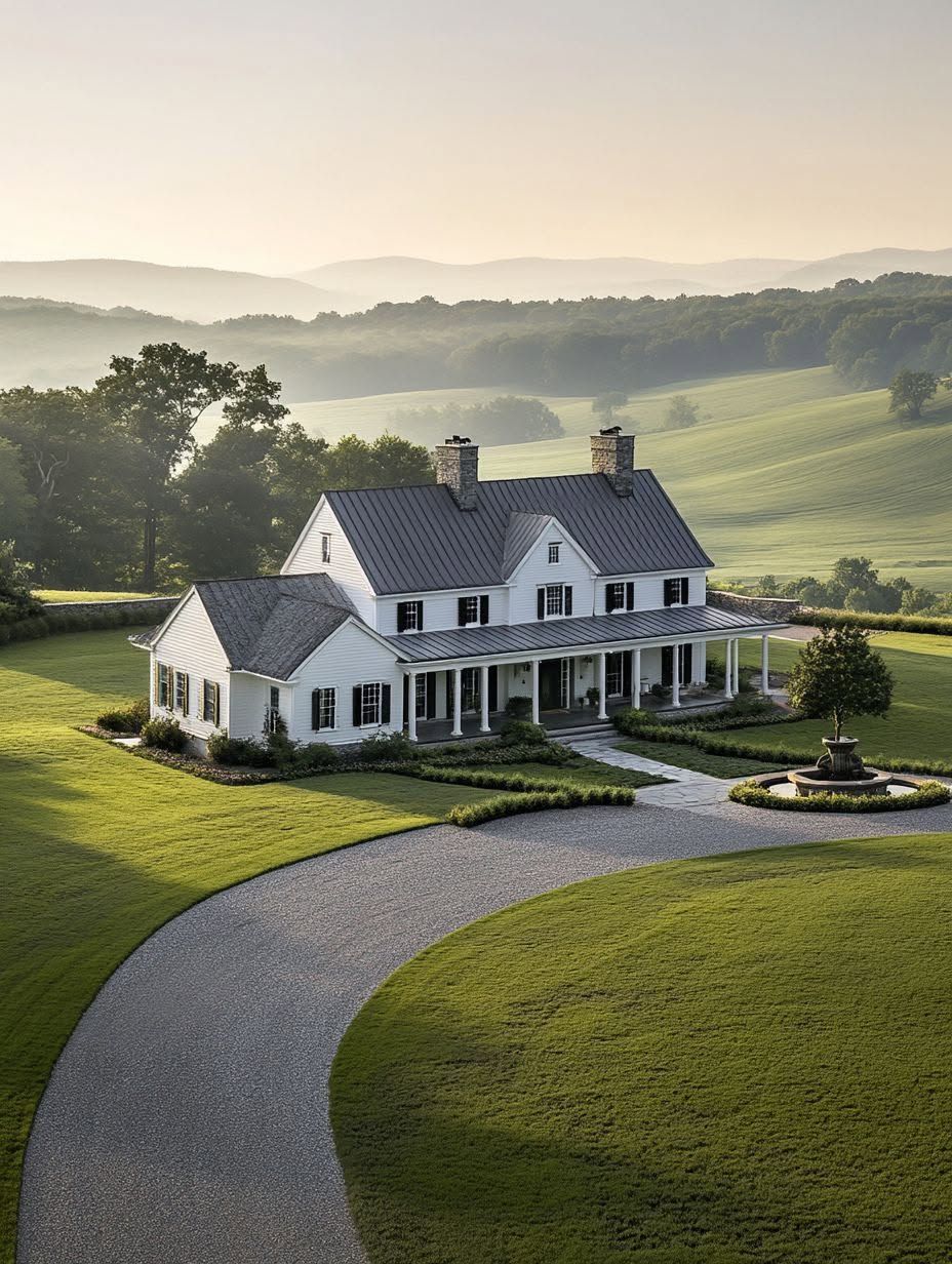 White farmhouse with a wraparound porch and two chimneys sits on a large green lawn with a circular driveway, surrounded by rolling hills and trees in the background.