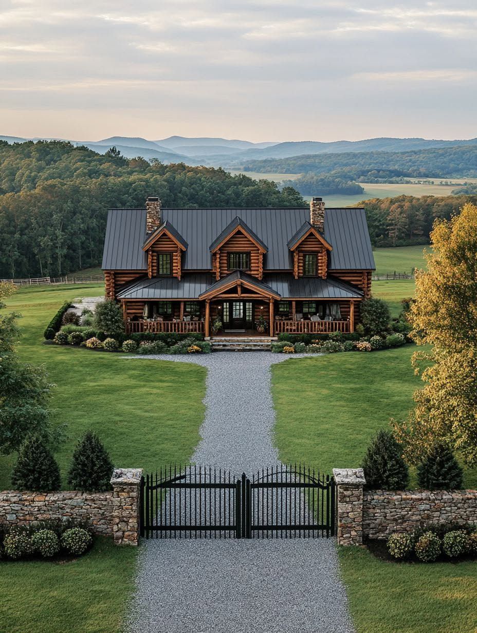 A log cabin with a metal roof sits at the end of a gravel driveway, surrounded by manicured lawns, trees, a gated entrance, and distant mountains under a partly cloudy sky.