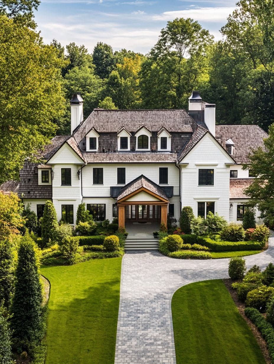 Large white two-story house with dormer windows, wood accents, a stone driveway, and landscaped front yard surrounded by trees.