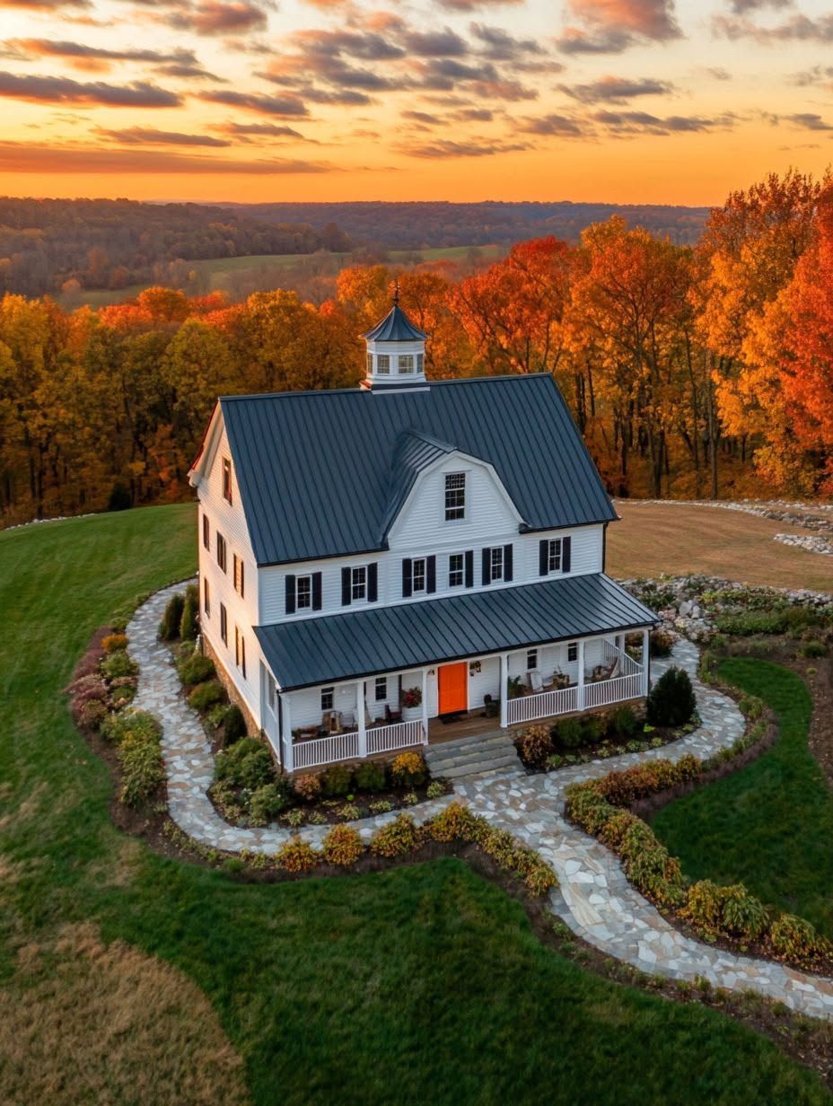 White farmhouse with a metal roof and orange door, surrounded by a stone path and autumn trees at sunset.