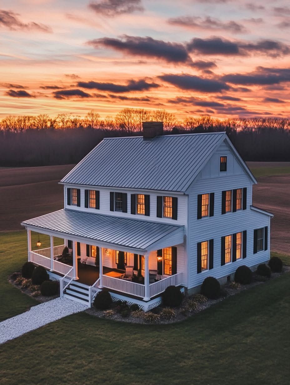 Two-story white farmhouse with a wraparound porch, illuminated from within, sits on a grassy lot at sunset with dramatic clouds and a wooded background.